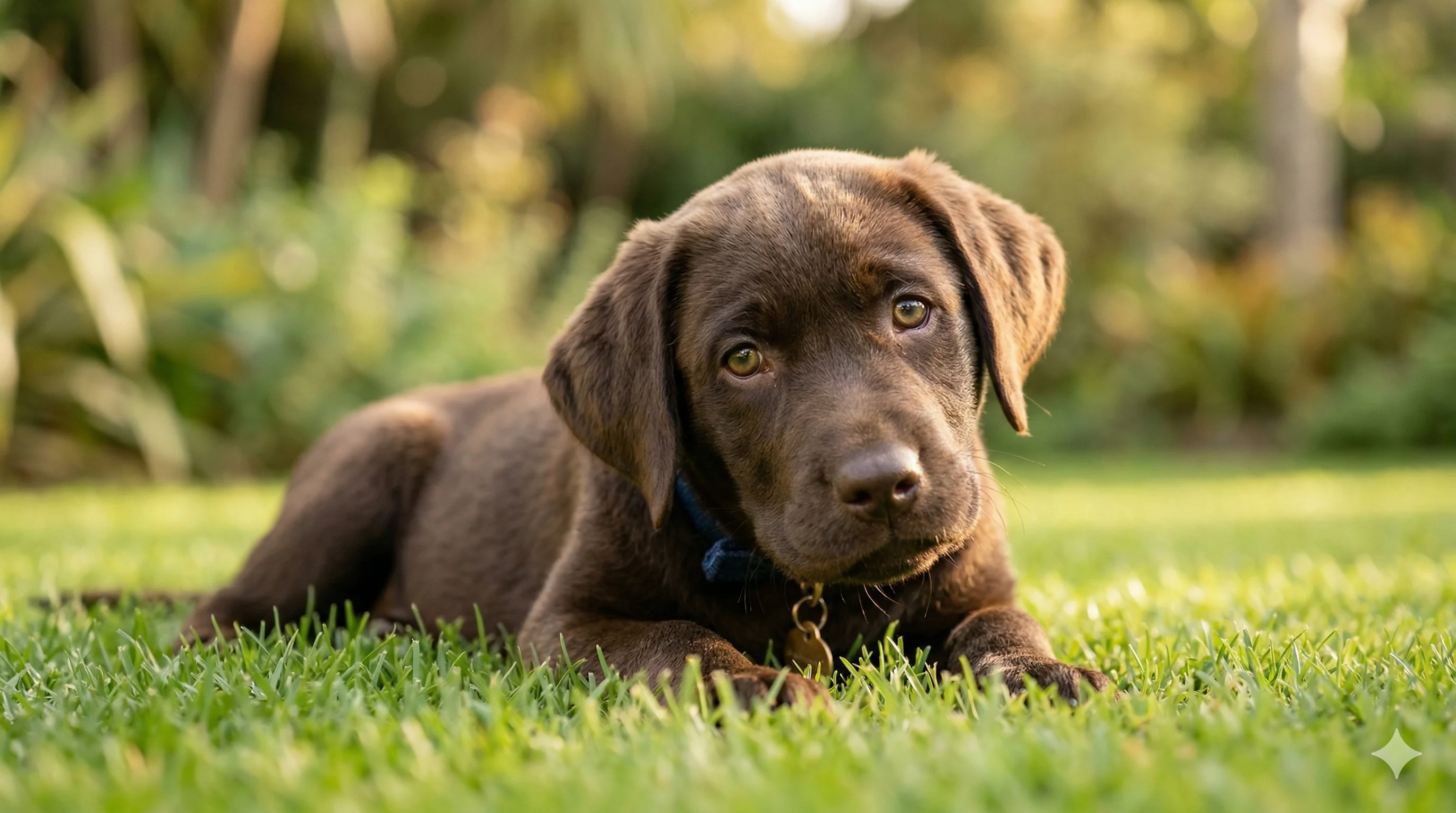 Chocolate Labrador relaxing on a green lawn